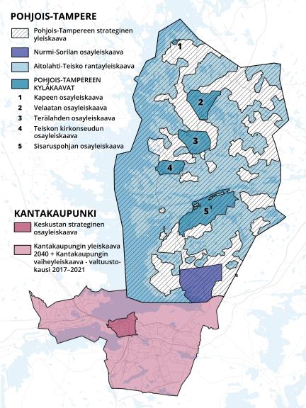 Tampereella on voimassa yhteensä 11 yleiskaavaa. Kantakaupungissa on voimassa kolme yleiskaavaa ja Pohjois-Tampereella kahdeksan osayleiskaavaa.